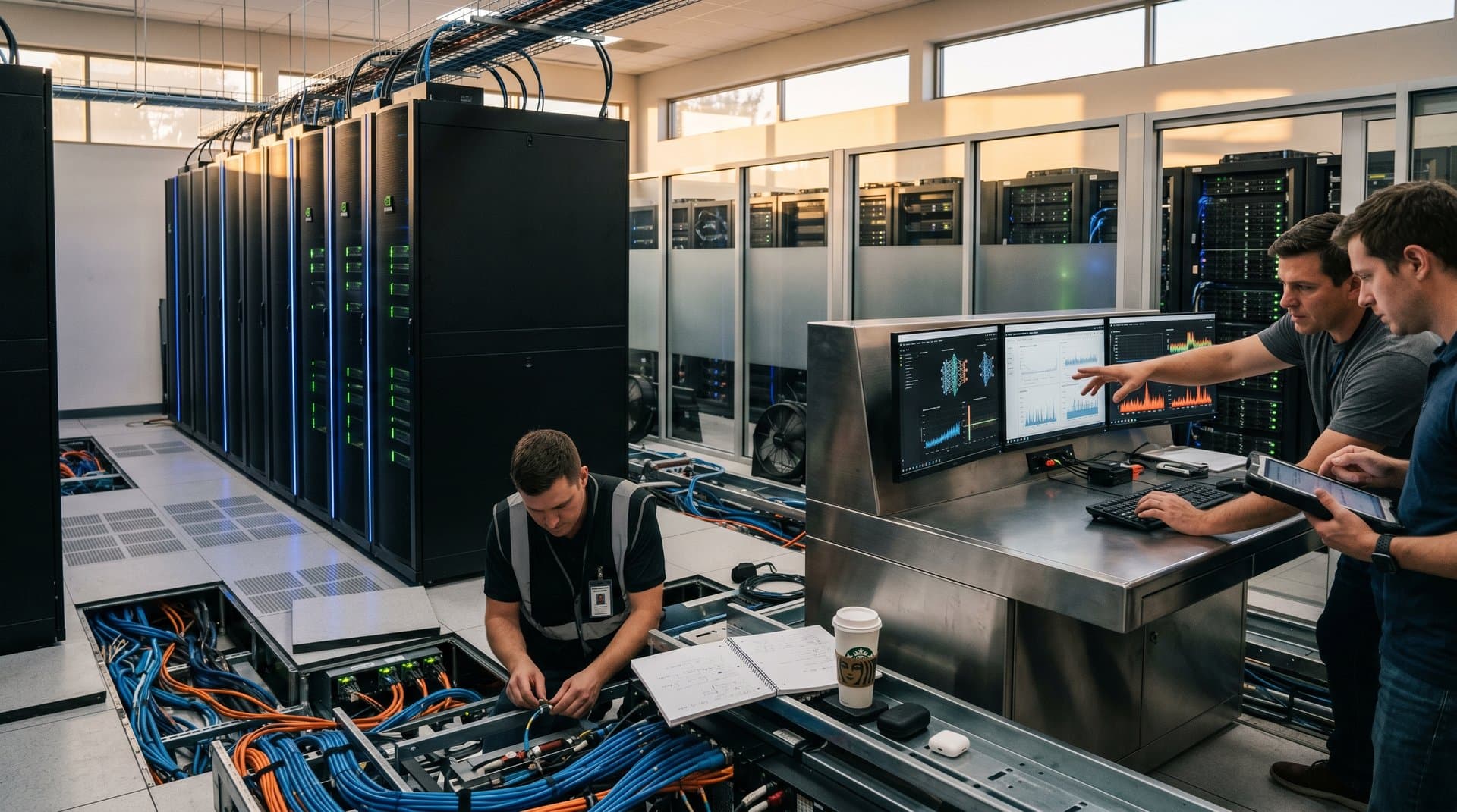 Abstract high-tech data center with glowing GPU server racks, fiber optic cables, and AI monitoring consoles under blue LED lights