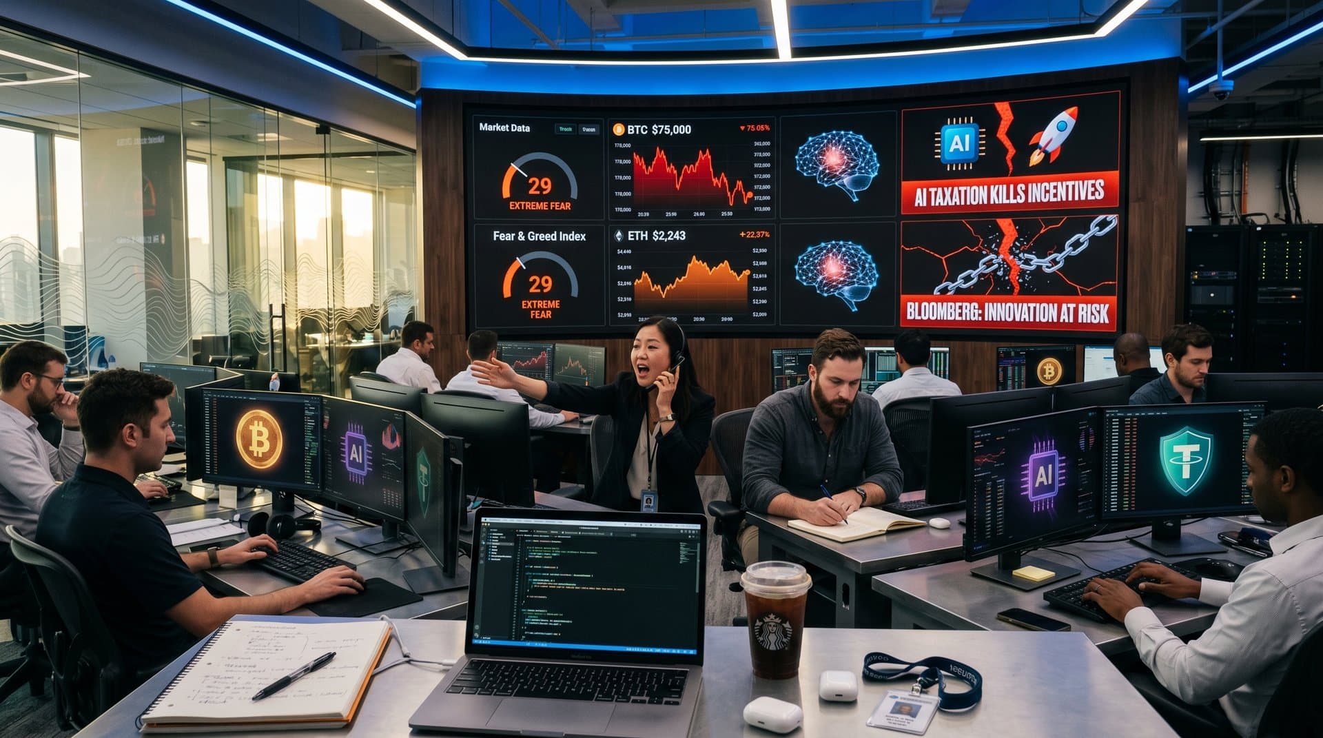 AI dashboard showing BTC volatility, Fear Index 29, and AI taxation risk warnings in neon fintech style