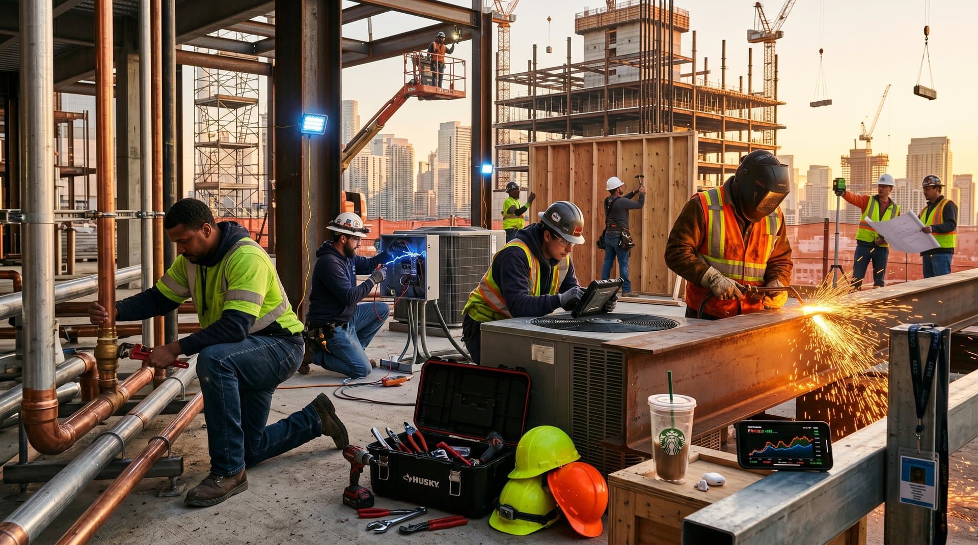 Trade workers on construction site with tools and financial app, symbolizing AI-safe careers and wealth building