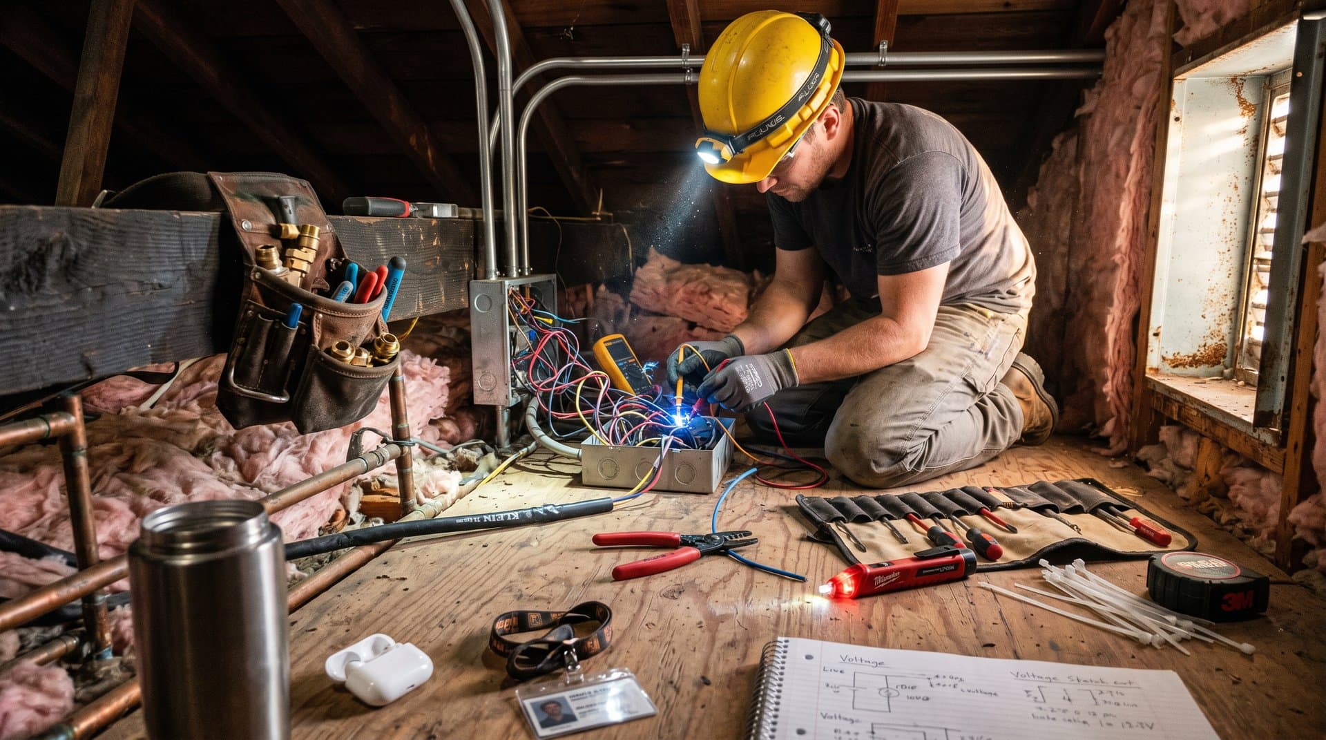 Tools and wiring in a tight attic space symbolizing hands-on trade work safe from AI