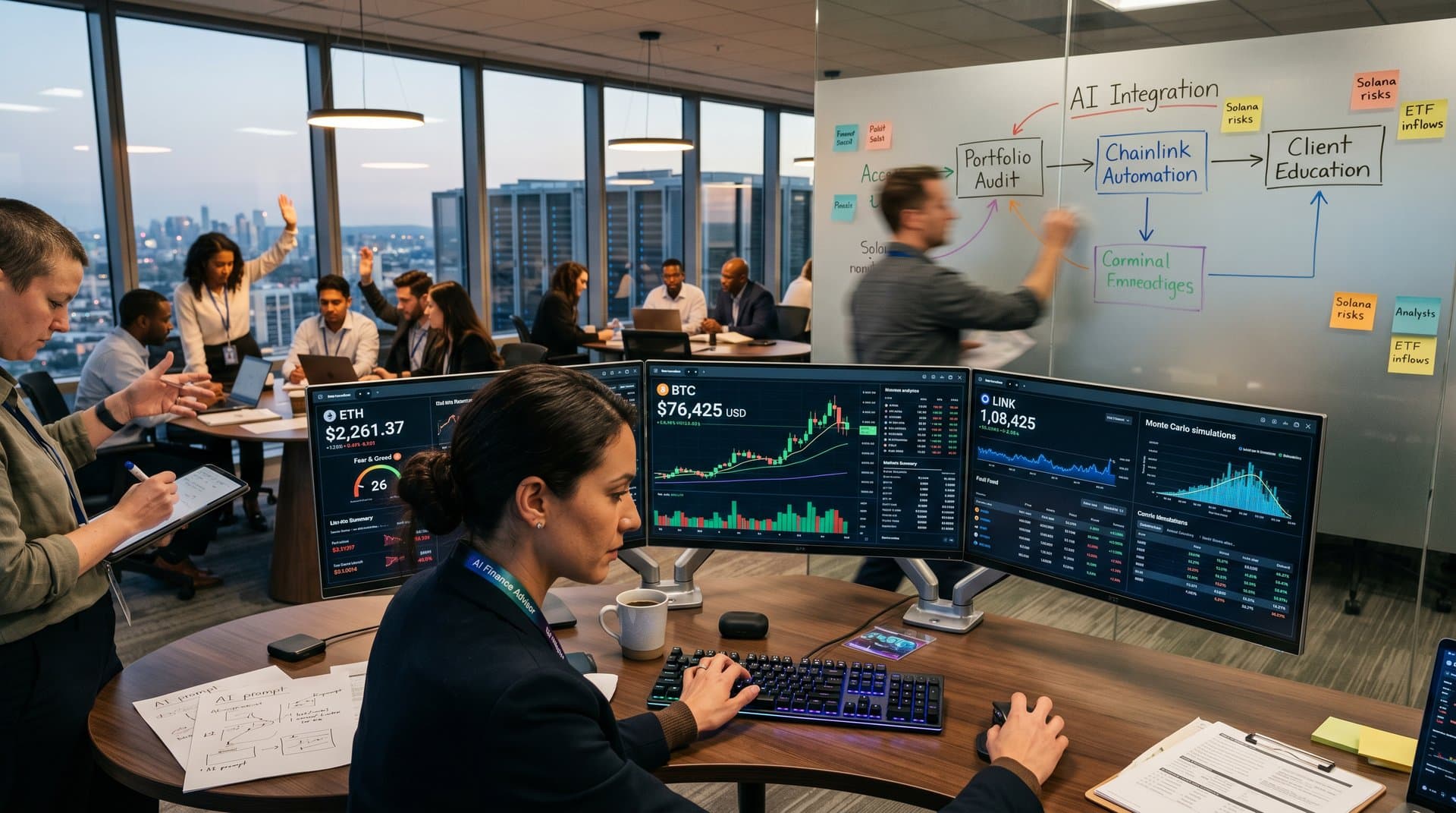 Modern trading desk with crypto charts on monitors showing Bitcoin at $76K, AI flowcharts, coffee cup, against city skyline at dusk