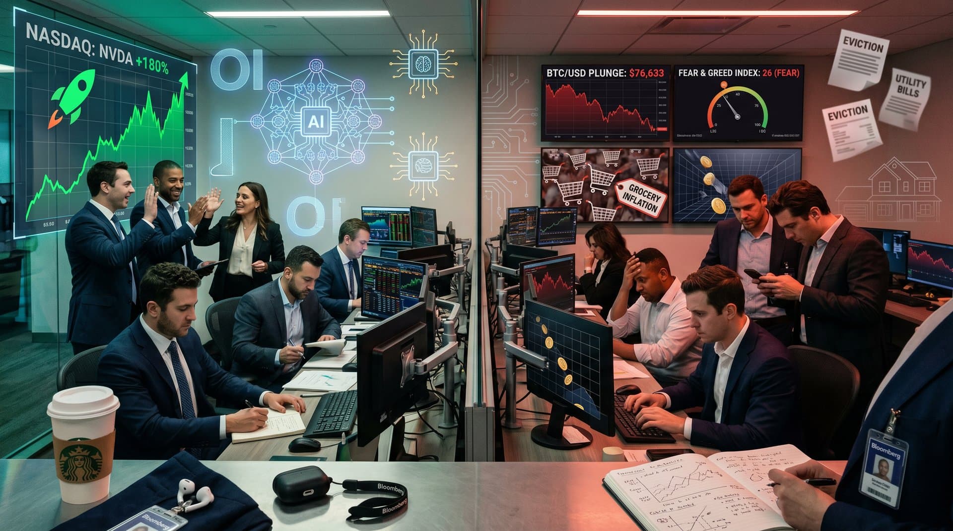 Split-screen of AI boom charts versus crypto fear and rising costs