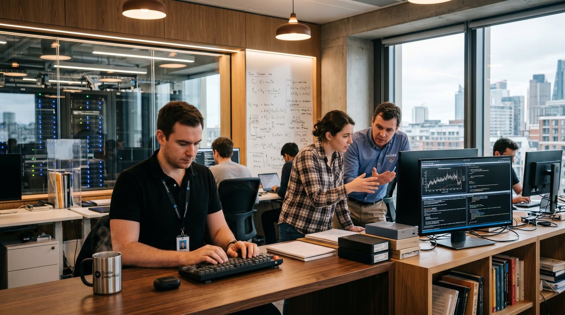 Engineers at Google DeepMind lab collaborate over AI neural network screens amid GPU racks and modern frosted glass offices
