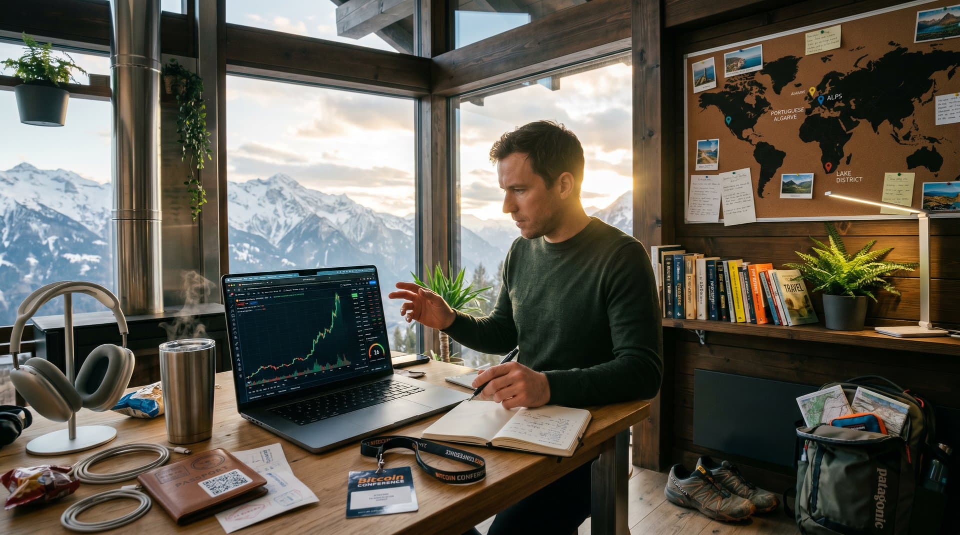 Laptop in mountain cabin shows Bitcoin nearing $80K at $78,502 and Fear & Greed at 26, with travel map symbolizing crypto freedom