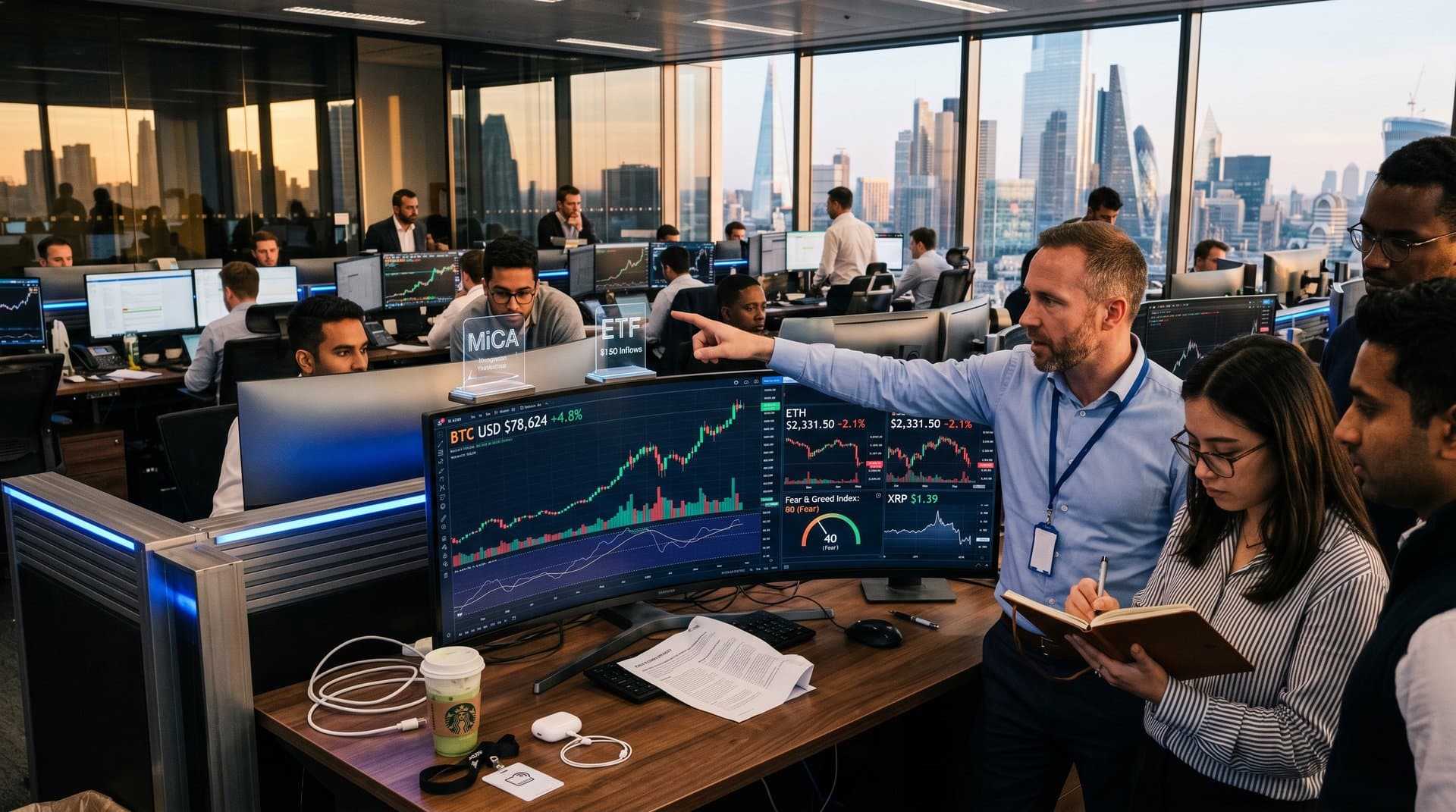 Trading desk monitors display Bitcoin $78K surge, ETH price, Fear & Greed Index 40 amid crypto charts