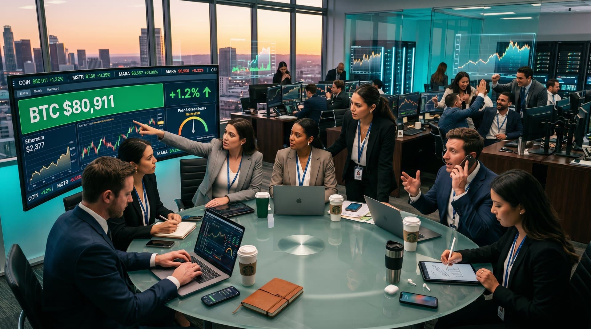 Trading floor monitors show BTC at $80,911 and crypto charts amid team analysis.