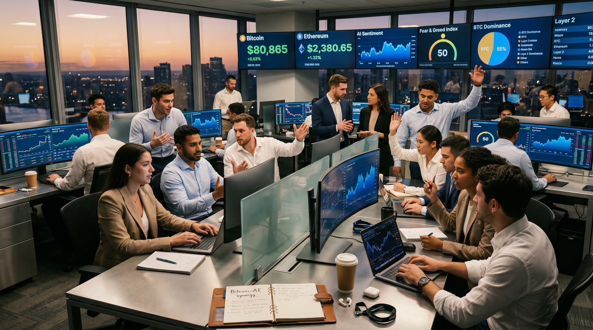 Trading room monitors show Bitcoin at $80K, AI crypto metrics, and neutral Fear & Greed index in modern finance hub