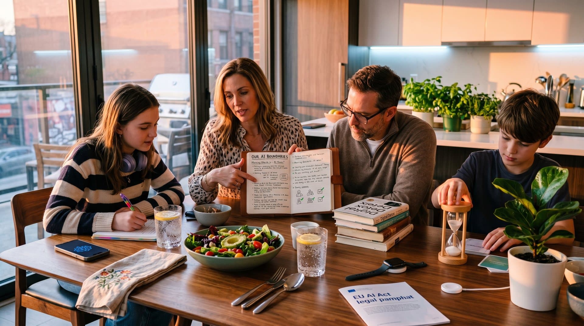 Cozy family table scene with paused AI smartphone, boundaries journal, wellness books, plant, and salad symbolizing healthy tech balance