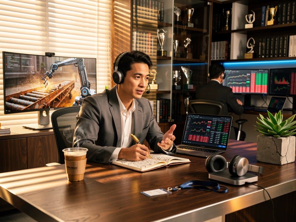 Journal on desk with crypto charts showing Bitcoin $74K, Fear Index 23, AI robot in background, resilient plant in home office