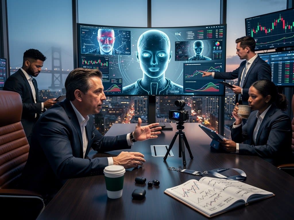 AI job interview screen with crypto charts in modern fintech room