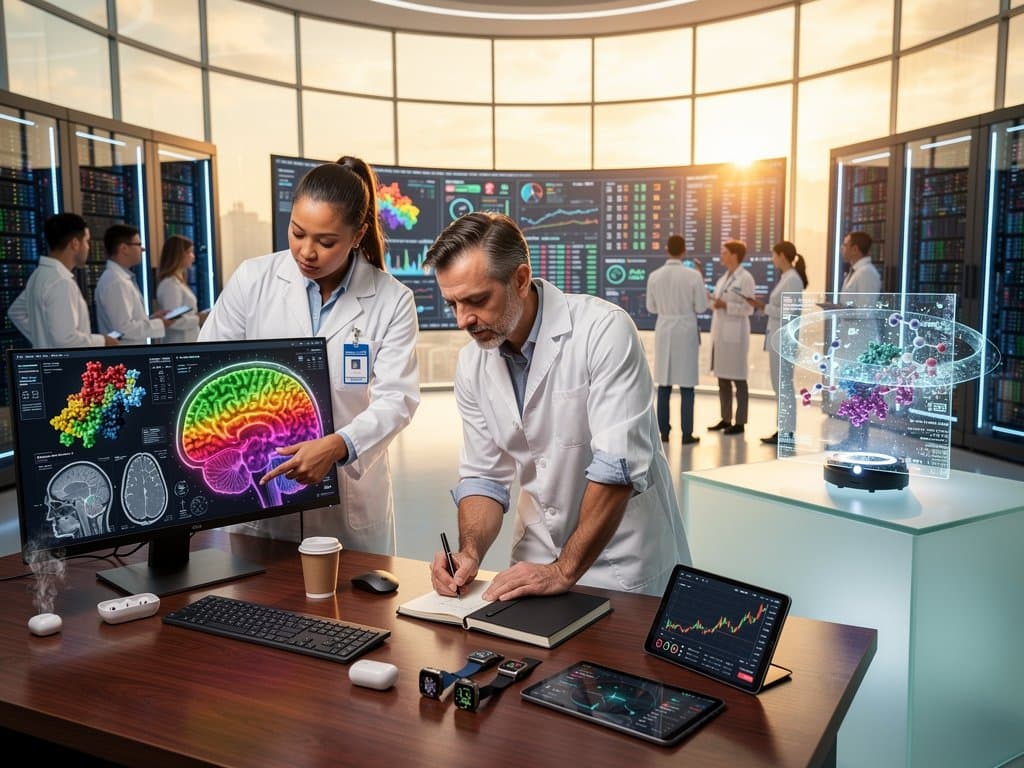 Modern lab screens display AI protein models, medical scans, and crypto charts in innovative wellness tech environment