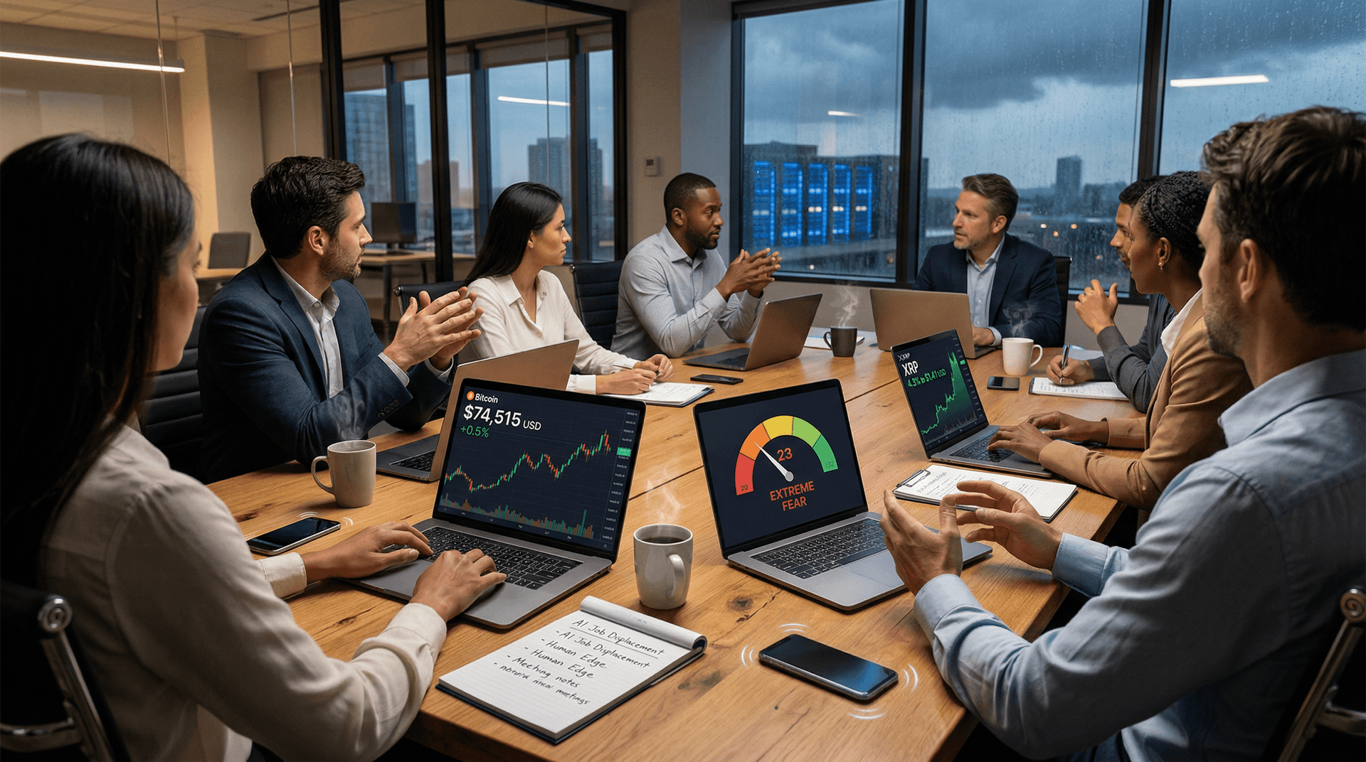 AI Job Displacement Stalls in Finance: BTC $74K Holds as Fear Hits 23