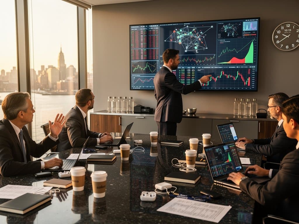 Finance boardroom with crypto charts on screens showing BTC $73k and Fear Index 23 amid luxury setup