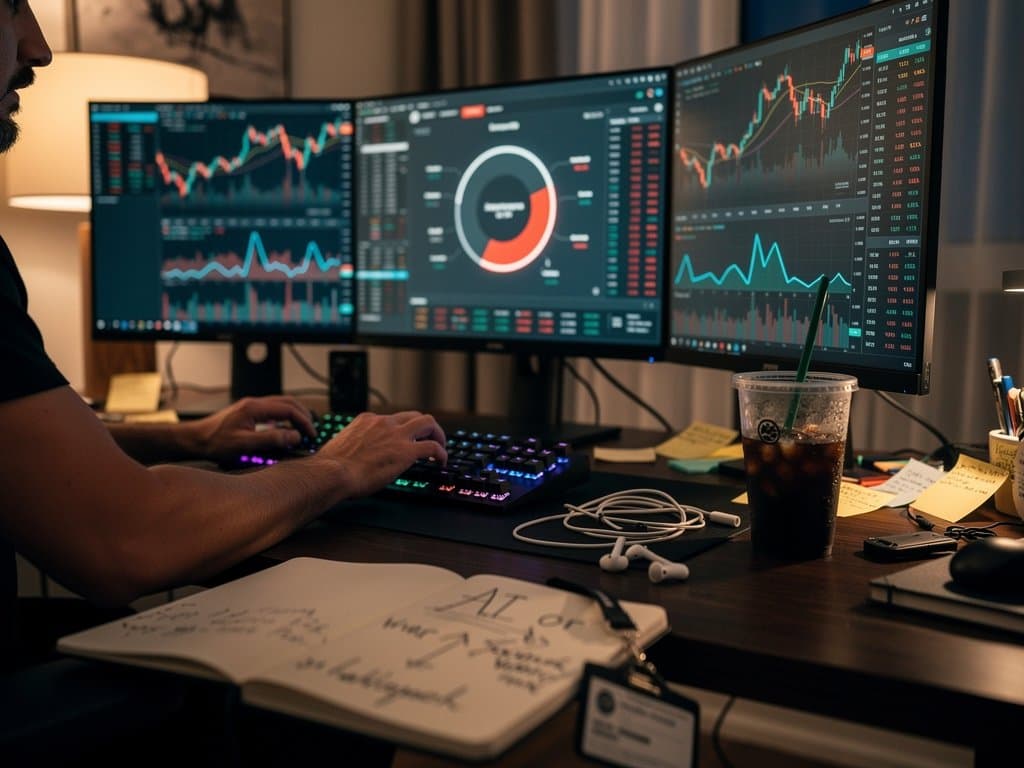 Home office desk with crypto charts at BTC $74K, Fear & Greed 23, AI predictions, journal for introspection