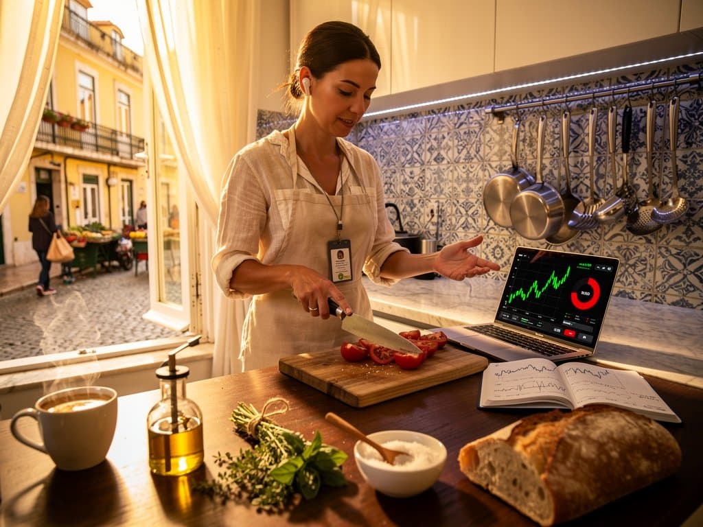 Lisbon kitchen scene blending fresh tomatoes and Bitcoin chart at $74,862 with Fear Index 23, symbolizing sovereign wealth