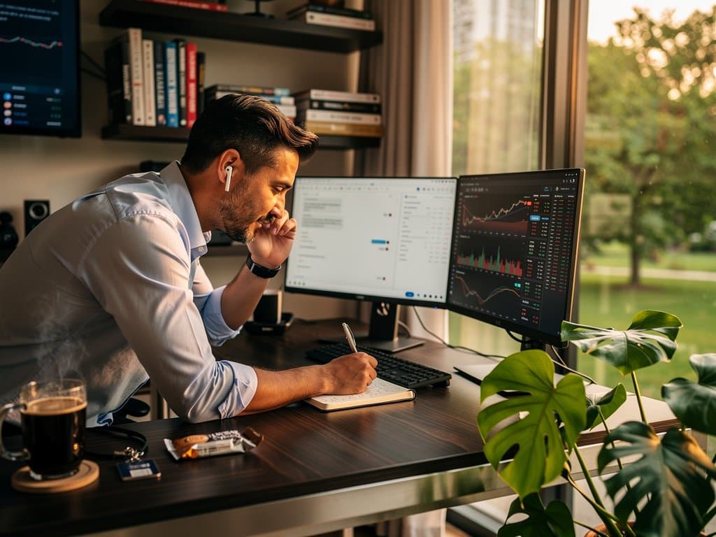 AI chatbot on laptop with structured growth prompts and crypto charts on desk