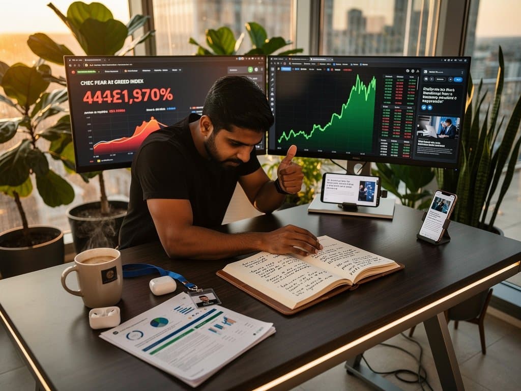 Professional analyzes AI job market, crypto Fear & Greed at 23, and Bitcoin charts in sunlit office with pivot notebook