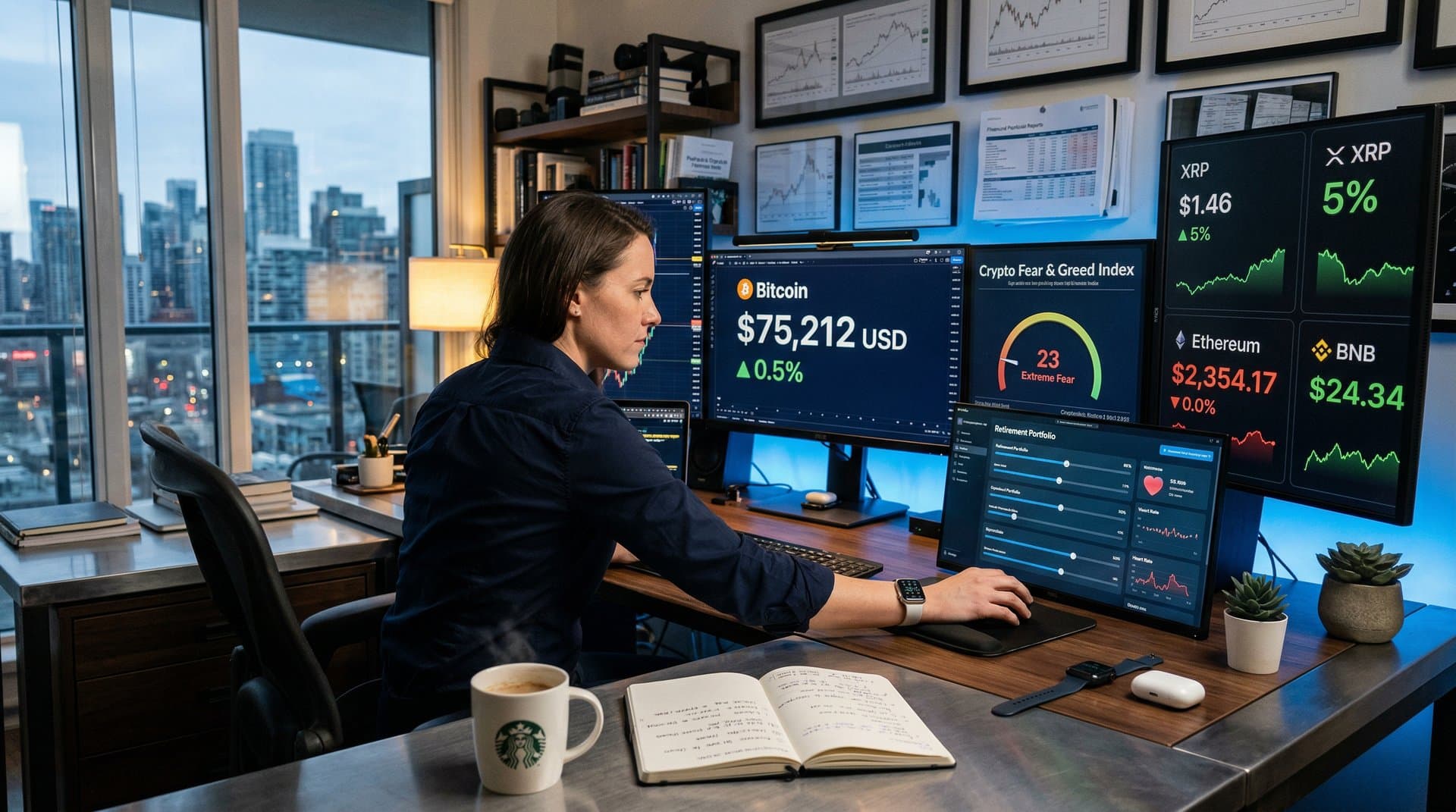 AI retirement planning dashboard on trading desk displays BTC at $75K, Fear & Greed at 23, crypto charts in professional finance environment