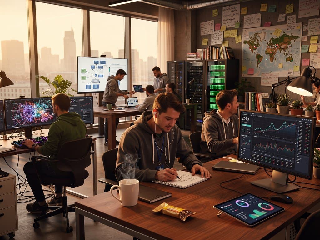 Berlin co-working space with AI neural networks, crypto charts like BTC at $75,097, keyboards, notebooks, and abstract young innovators in sunlight