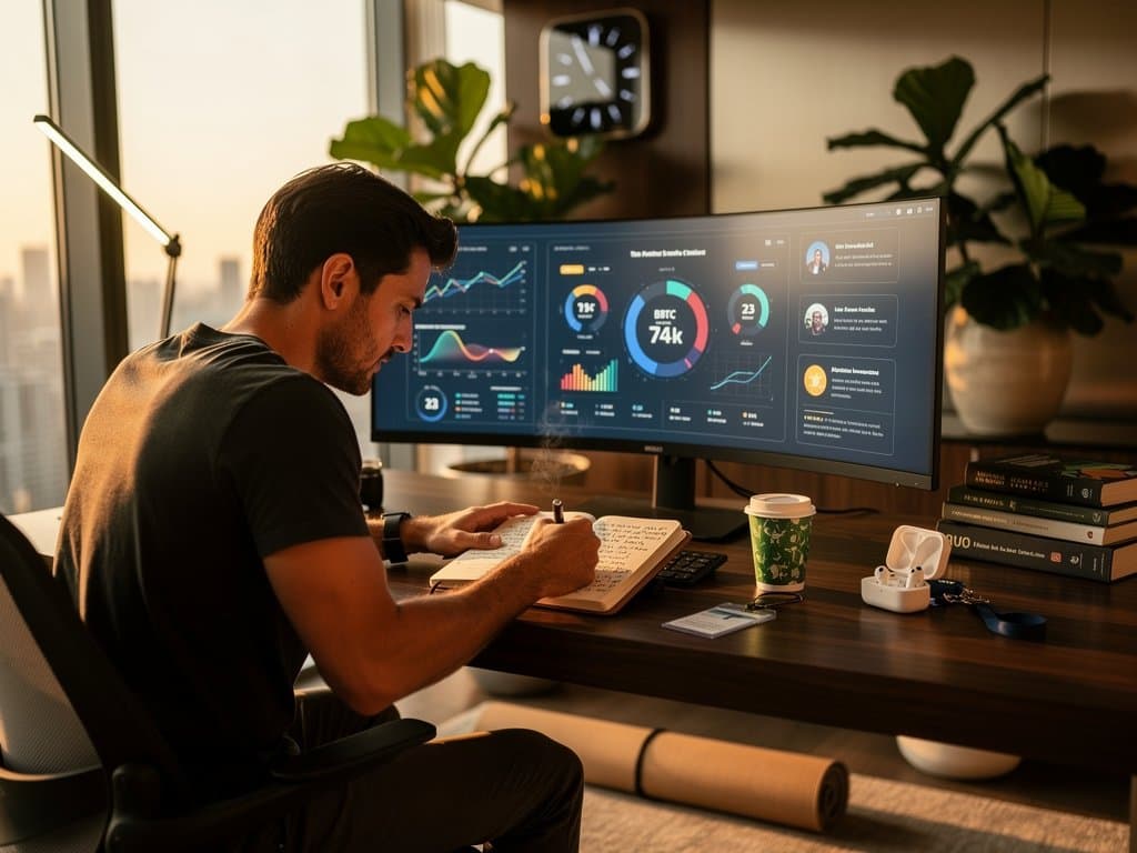 Modern desk with AI interface showing crypto charts for BTC $74K and Fear Index 23, journal, coffee, and wellness elements in dawn light