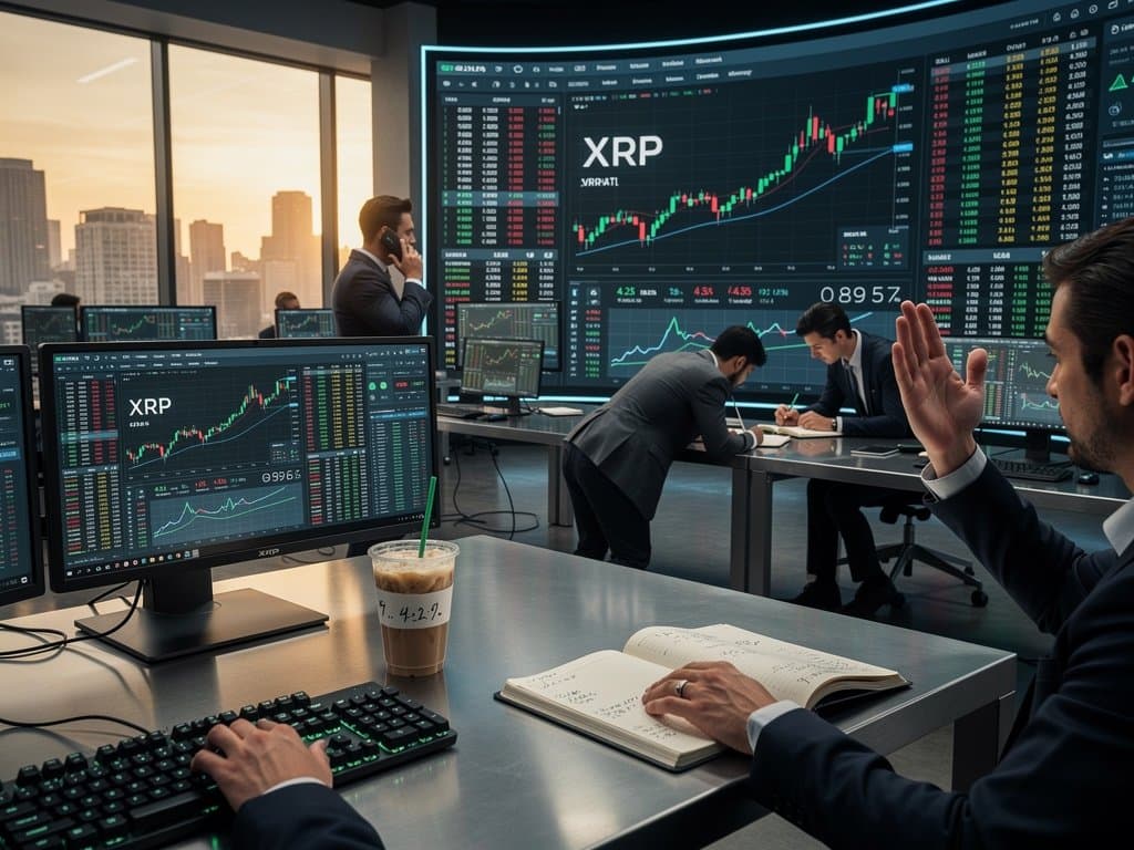 Trading screens show XRP surging to $1.45 with 4.2% gains on a modern finance floor