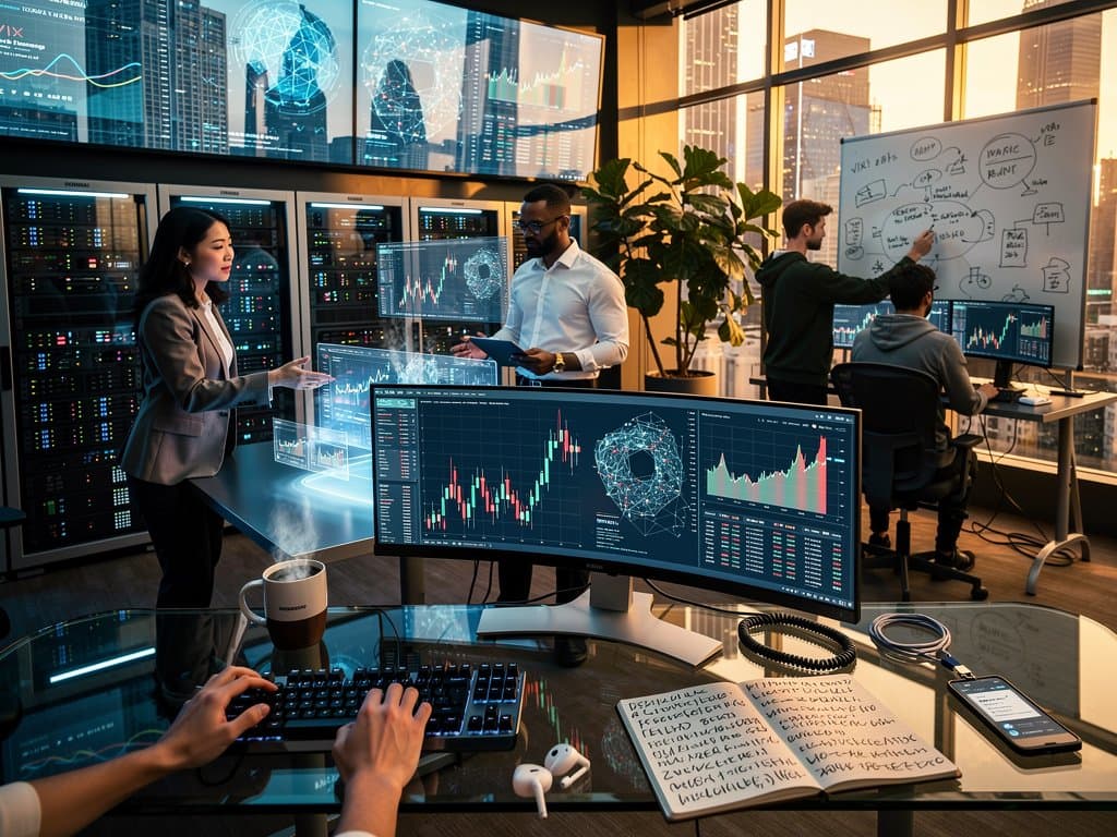 Abstract team scene in modern tech lab analyzing AI, crypto charts, and market fear index with holograms and skyline view