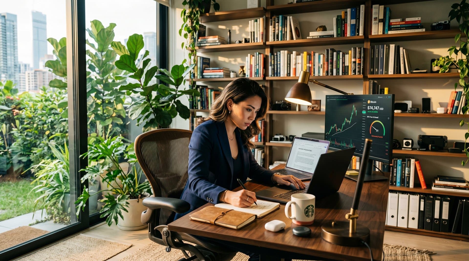 Cozy workspace with AI learning interface, BTC $74k chart, and Fear & Greed Index for strategic personal growth