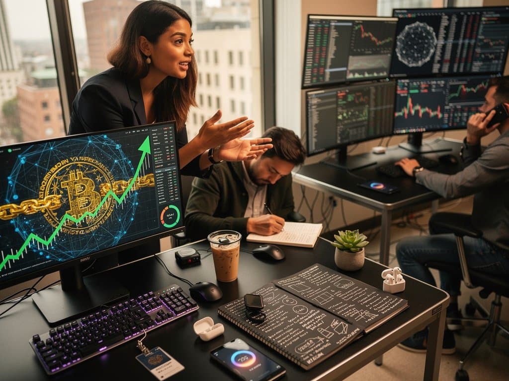 Tech workspace with AI neural networks, blockchain diagrams, and rising crypto charts amid innovative, wellness-focused setup