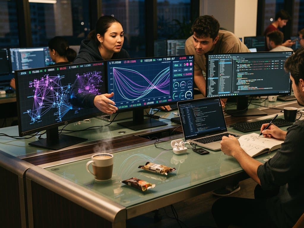 Tech workspace with AI neural networks, crypto charts, and financial projections for young AI specialists