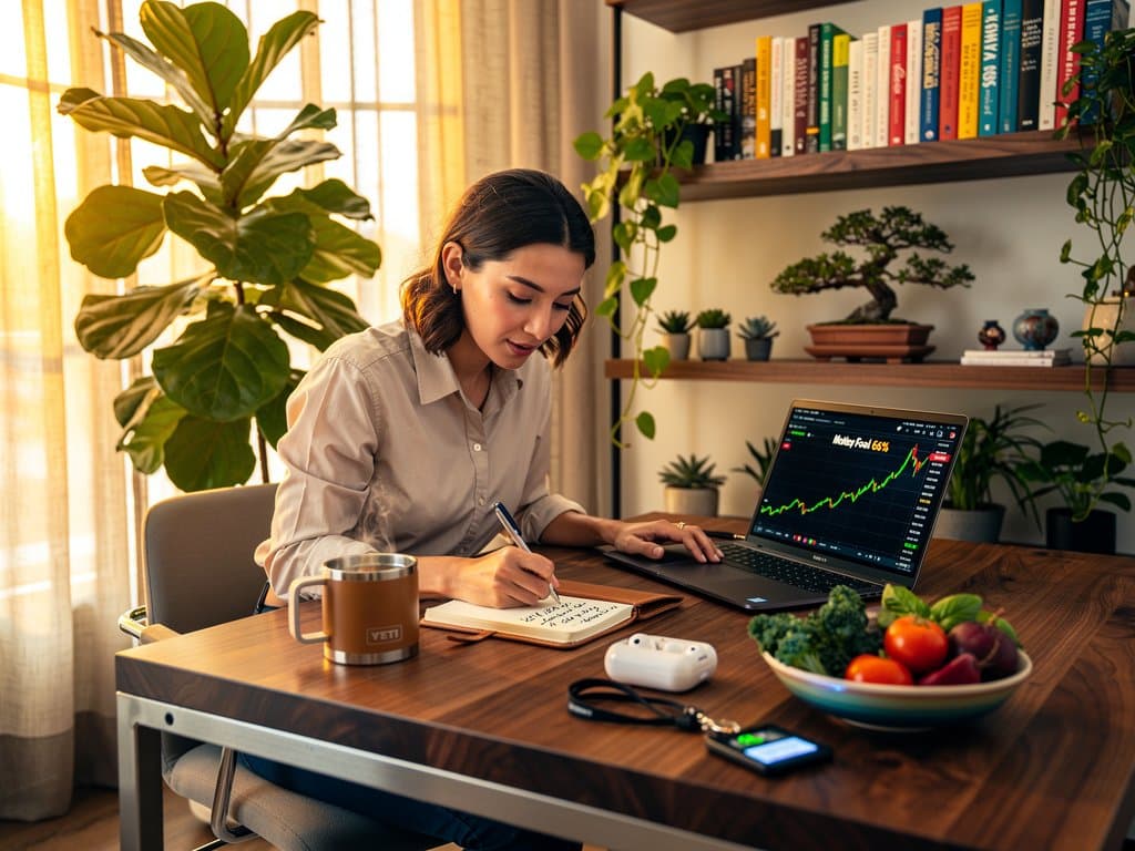 Laptop with AI stock chart and notes beside tea and fresh veggies on desk, symbolizing finance and wellness balance
