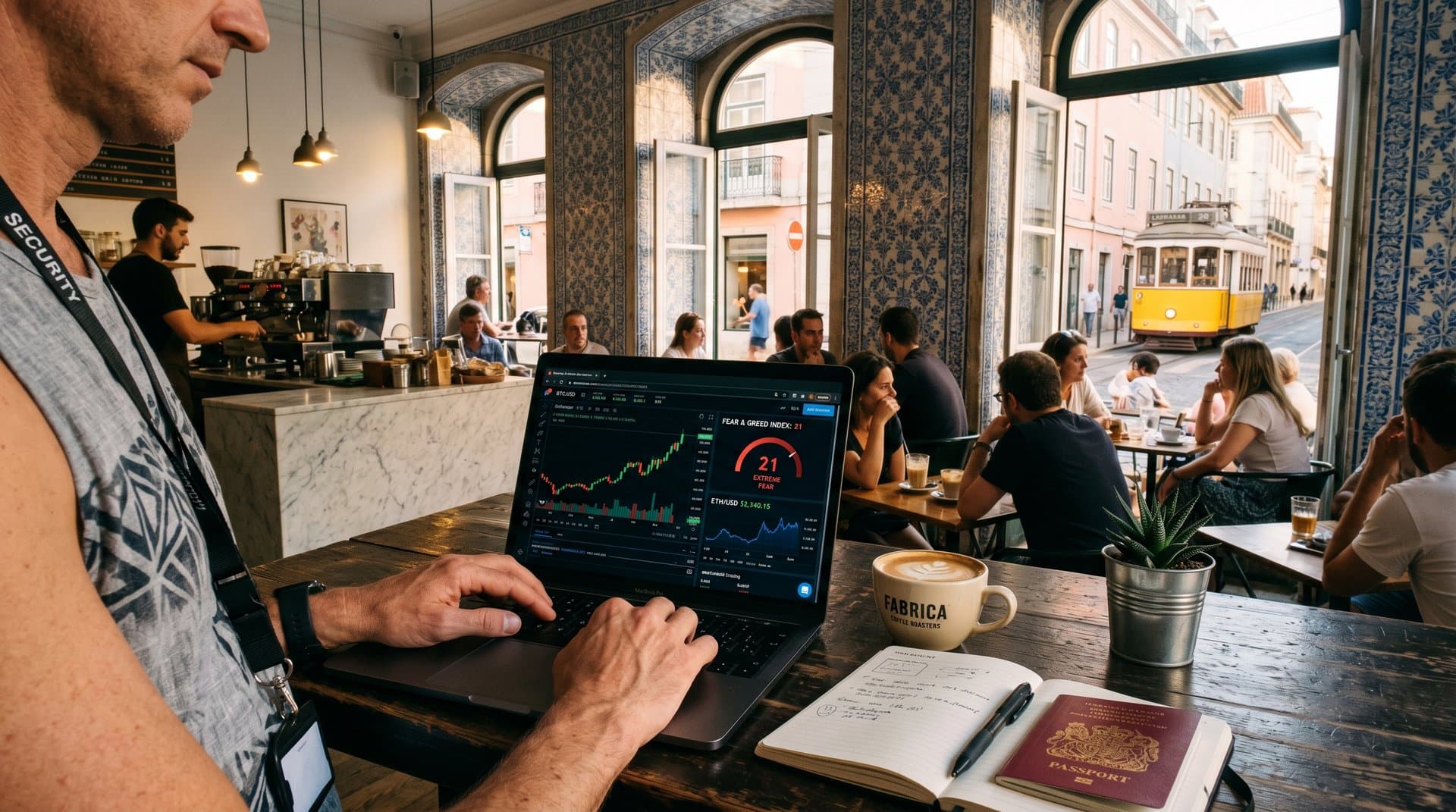 Laptop in Lisbon cafe showing BTC charts, Fear & Greed 21, AI tools amid coffee and travel items