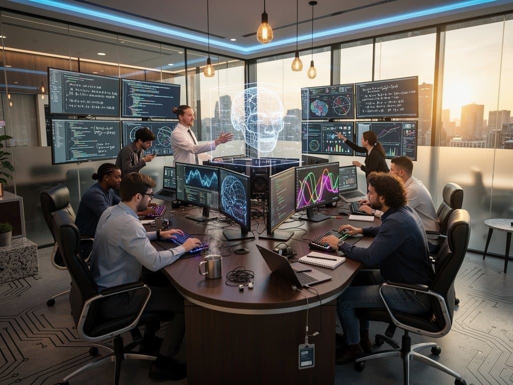 Modern AI lab with multi-monitors showing code and neural networks, coffee mugs, holographic projections, and city skyline views