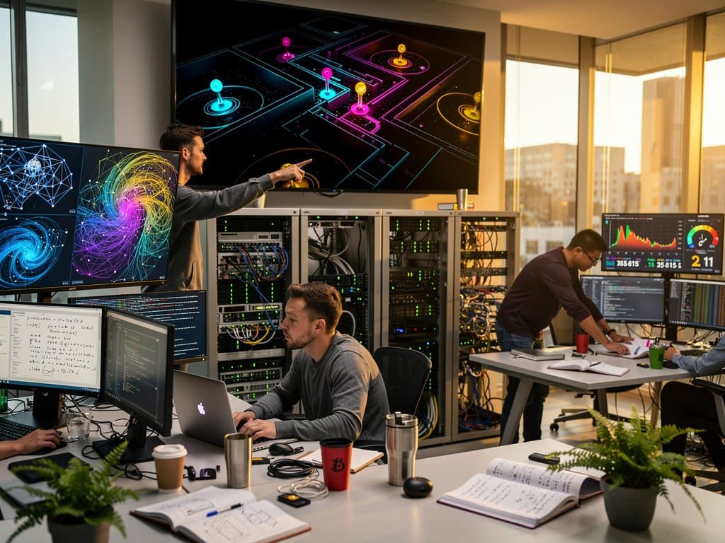 Futuristic AI engineering lab with neural network screens, RL maze simulation, crypto charts, glass walls, GPU servers, collaborative desks in innovative workspace