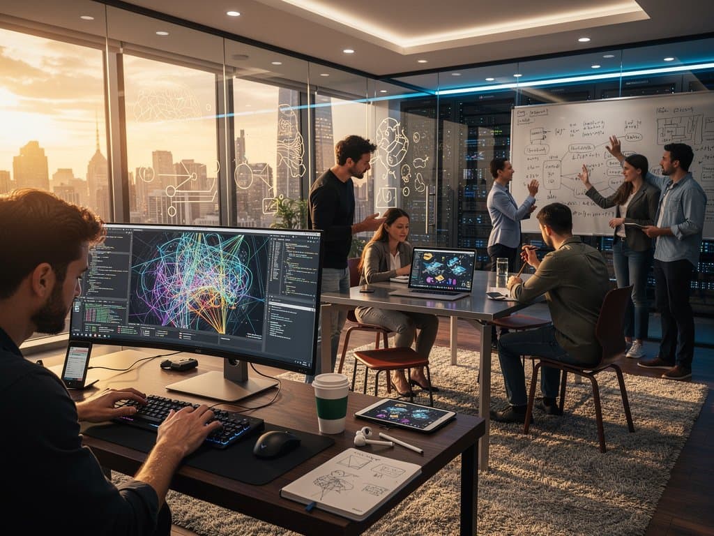 Modern AI lab with monitors displaying code, neural networks, and collaborative workspace overlooking city skyline