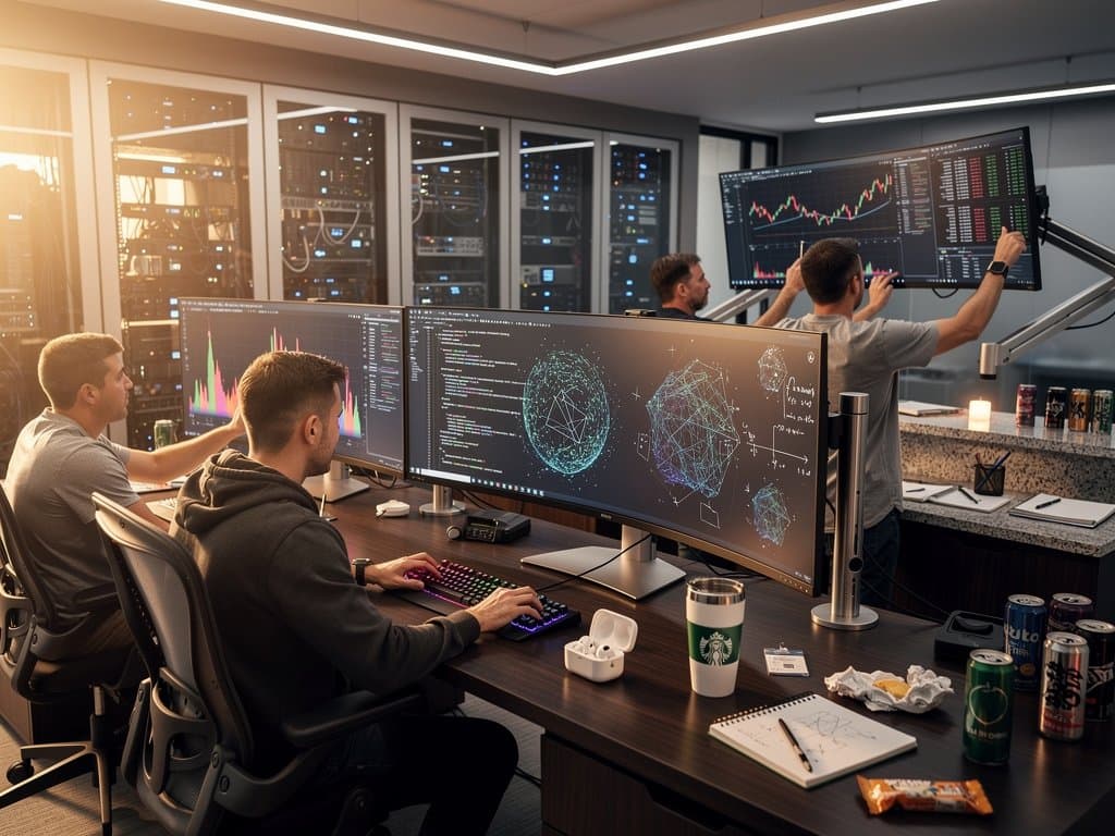Modern AI engineering workspace with ultrawide monitors showing neural networks, code, and blockchain data in a high-tech lab
