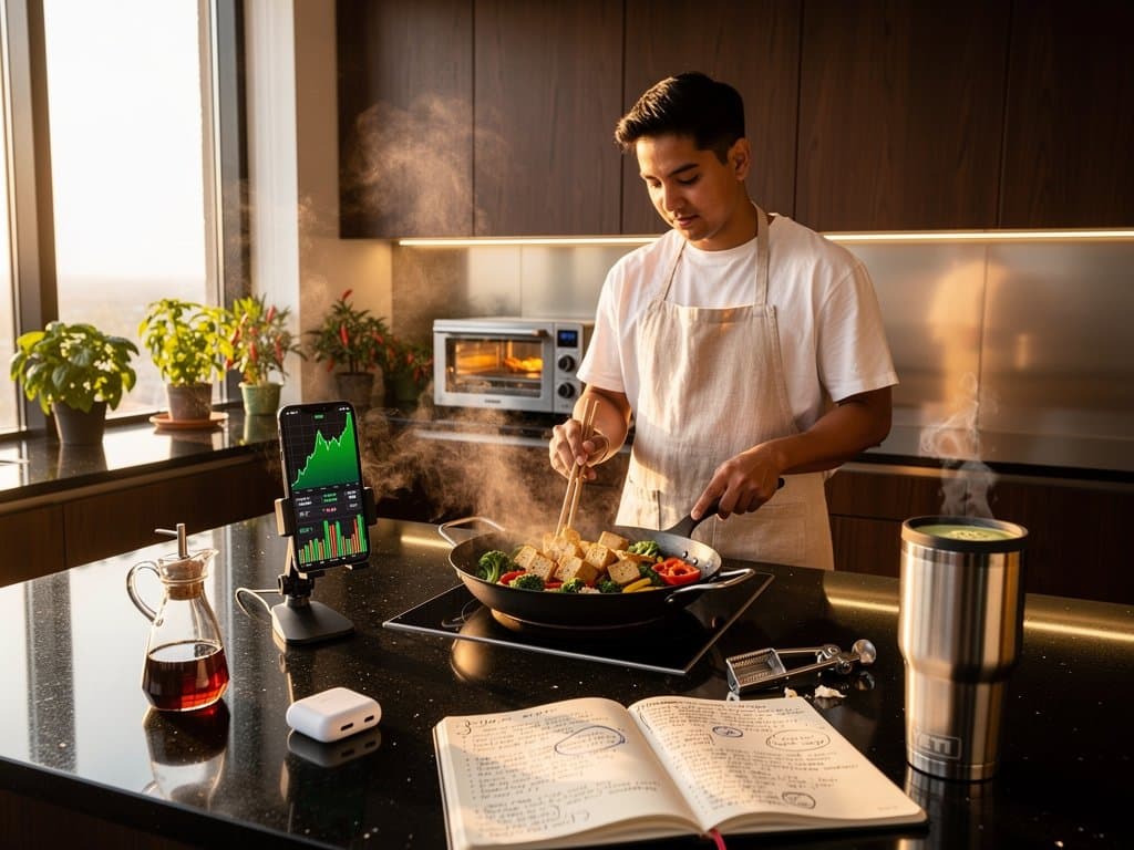 Steaming tofu stir-fry on kitchen counter with smartphone showing Solana at $90.20 chart, blending cooking and crypto momentum