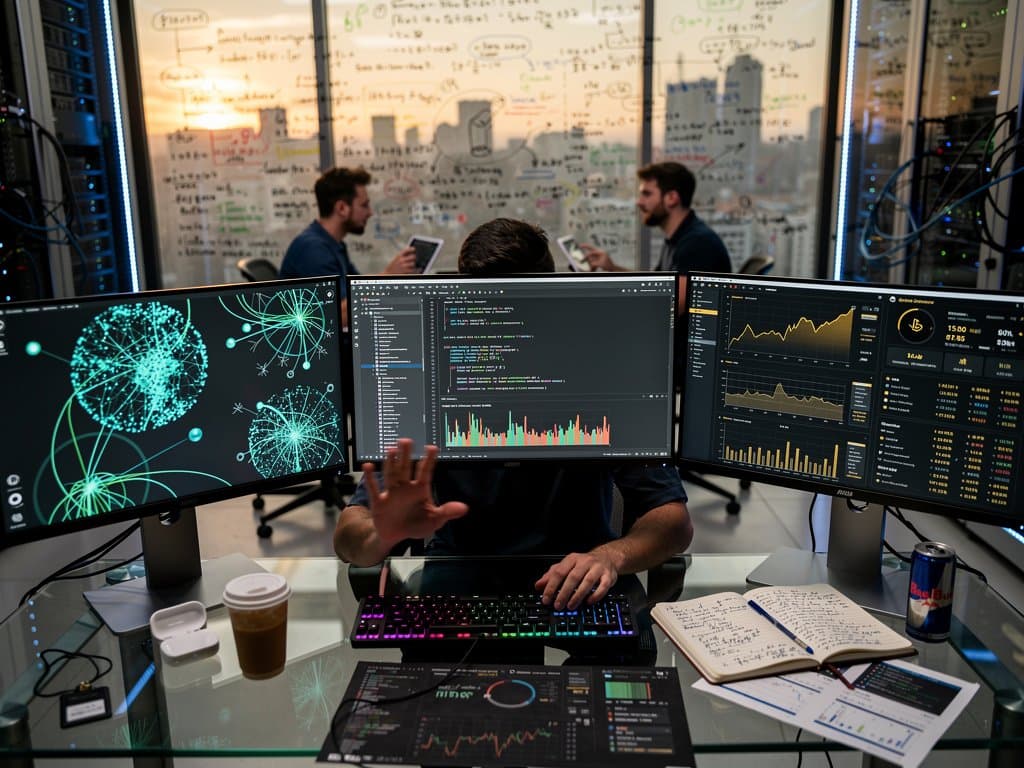 Modern AI engineering lab workstation with glowing monitors showing neural networks, code, crypto charts, whiteboard equations, and server racks in ambient light