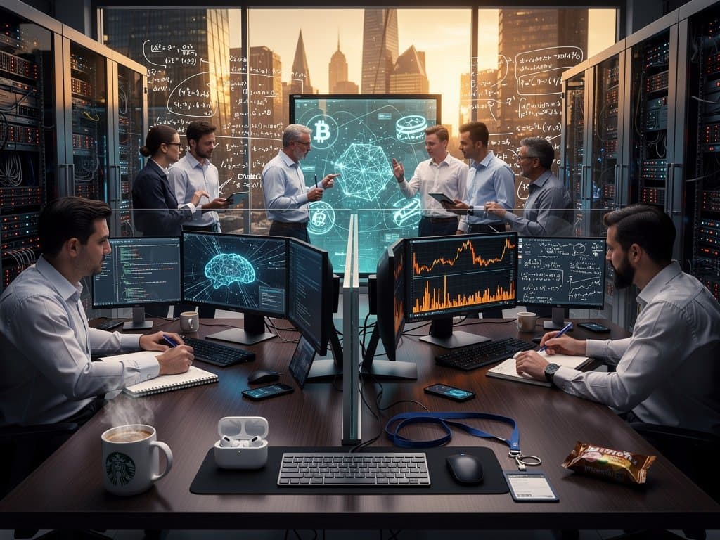 AI engineers collaborating in modern workspace with code, neural nets, and crypto charts on monitors amid innovative lab atmosphere