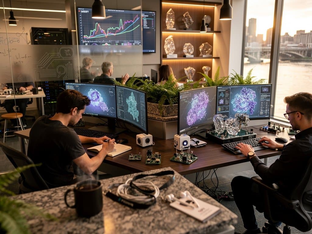 Modern AI lab with screens showing protein models and neural networks under dynamic lighting