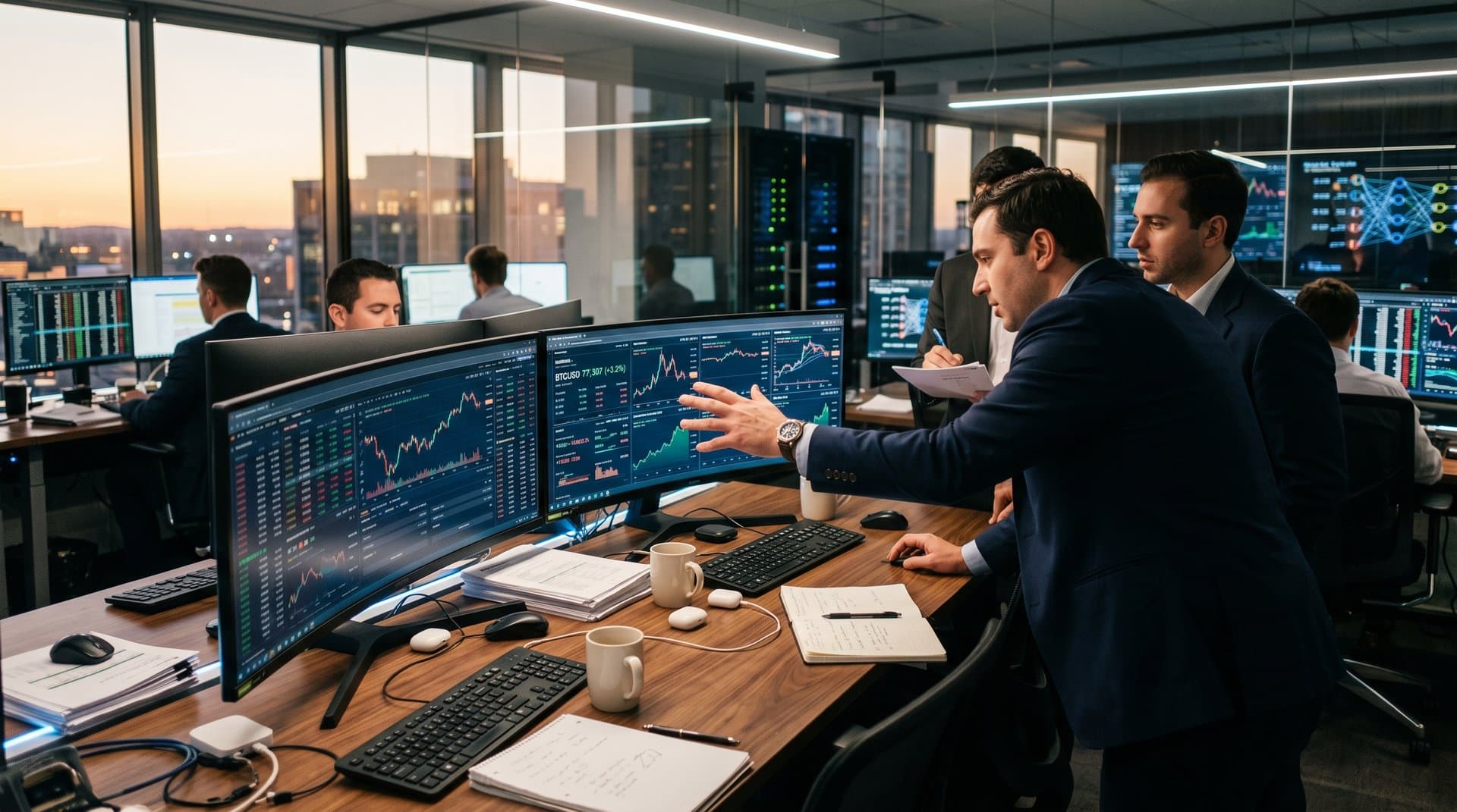 Trading screens show AI sell-off charts and Fear & Greed Index at 21 with rising BTC prices signaling rebound