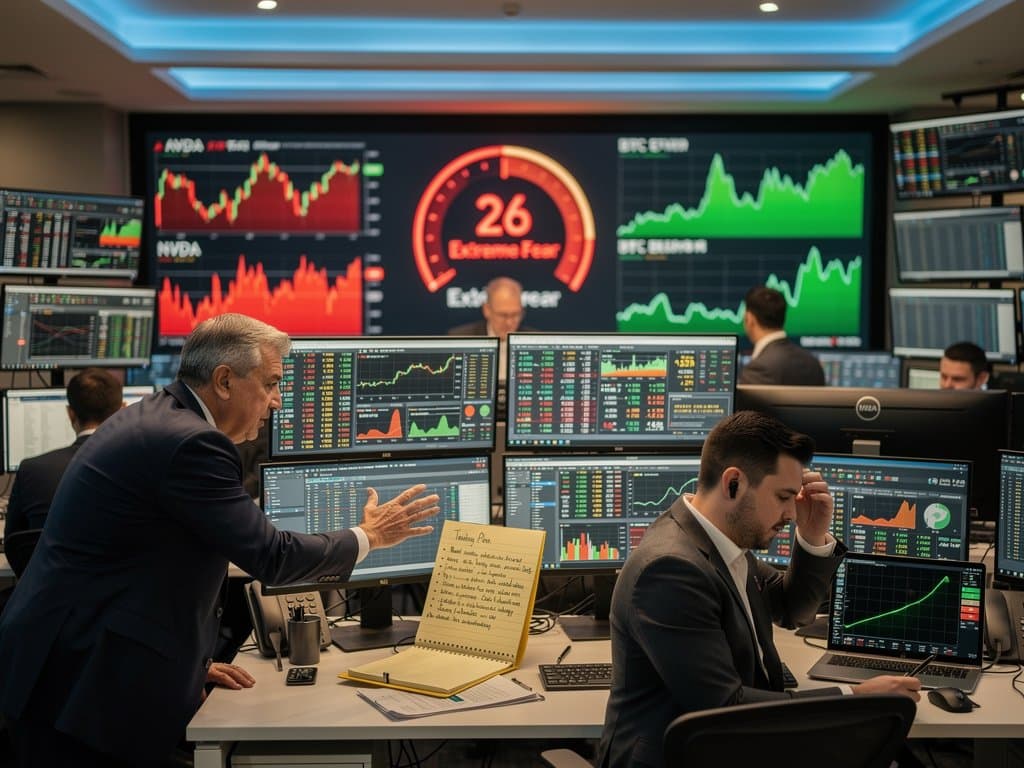 Fear & Greed Index at 26 with AI sell-off charts and rising crypto amid wellness balance symbols