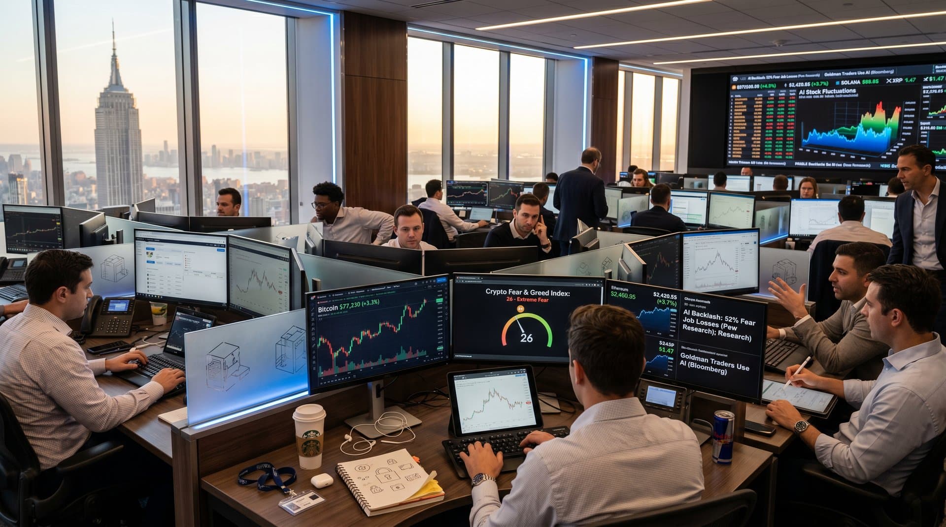 Traders monitor crypto prices and Fear & Greed Index on screens amid AI news on busy financial floor