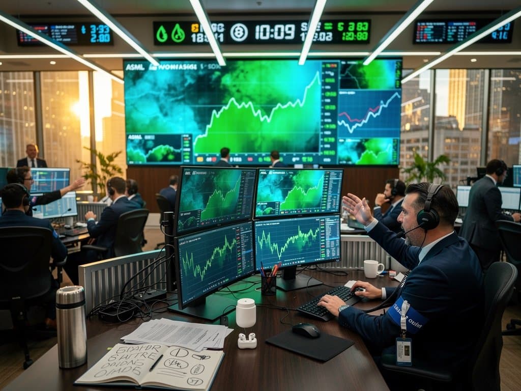 Trading floor with ASML AI surge charts, Nasdaq gains, BTC at $77k amid dynamic market data streams
