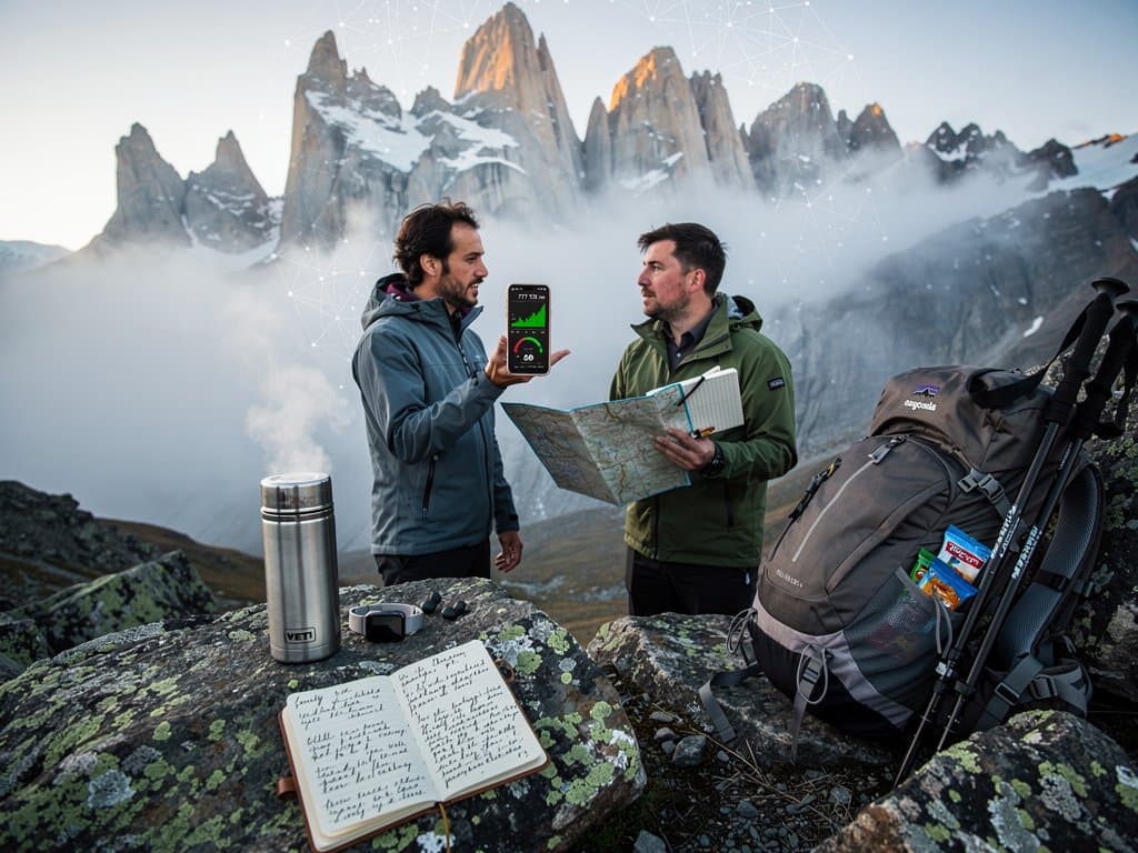 Foggy Patagonia peaks with journal, neural networks, and crypto charts symbolizing AI risks and personal growth