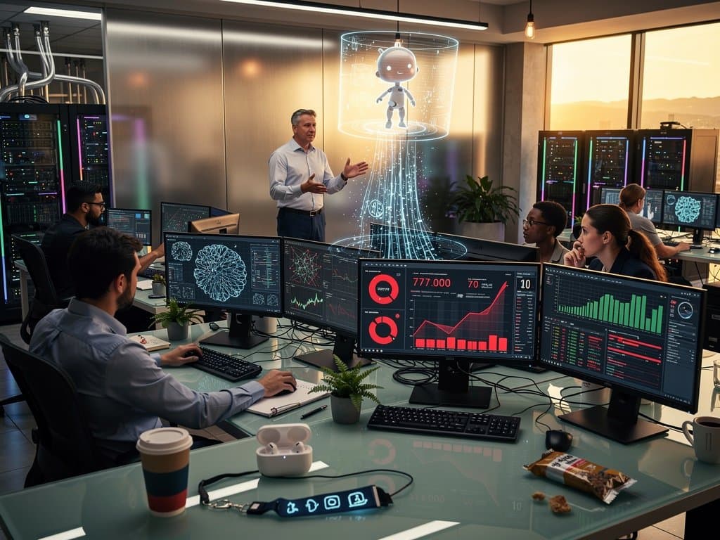 Abstract AI lab screens showing neural nets, child learning models, and BTC charts in modern workspace