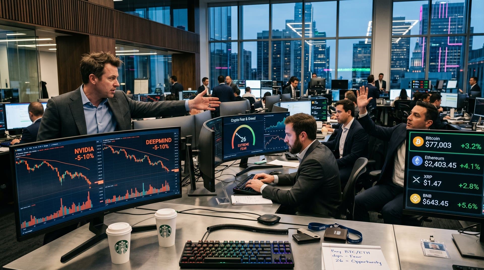 Trading screens with AI sell-off red charts and green crypto rises, Fear & Greed at 26, modern finance desk setup