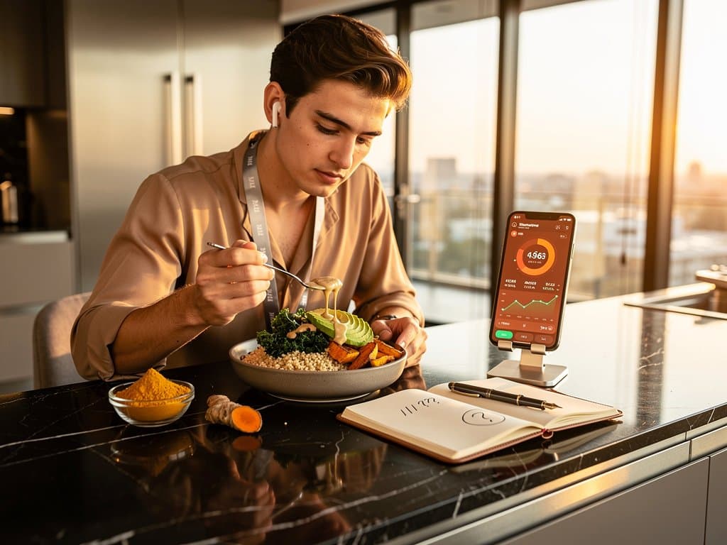 Quinoa bowl on kitchen counter with phone showing Fear & Greed 26 and AI sell-off charts amid fresh ingredients