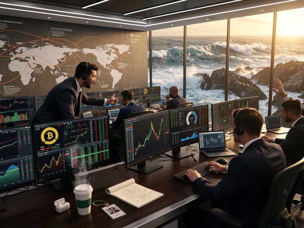 Modern trading floor screens show BTC at $76K, Hormuz news, Fear Index 26, stable USDT amid market activity