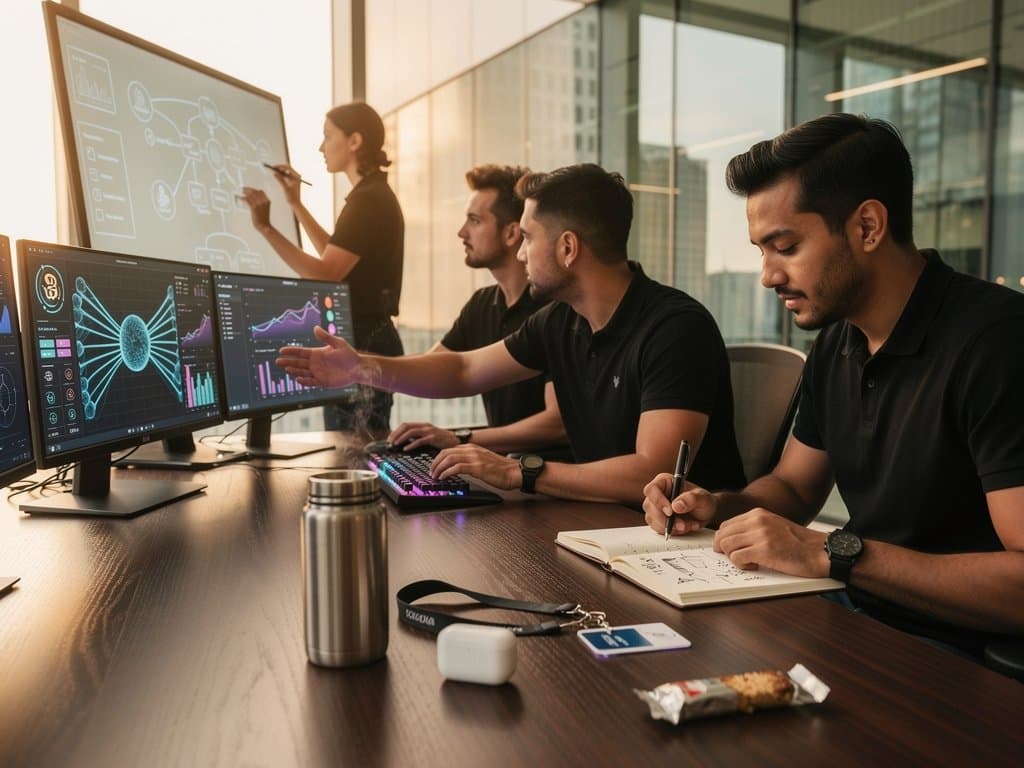 AI lab with multi-monitors showing productivity paradox graphs, crypto charts at BTC $76K and Fear 26, server racks in background