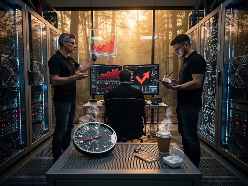 Glowing data center servers with energy graphs and neural networks against green forest view